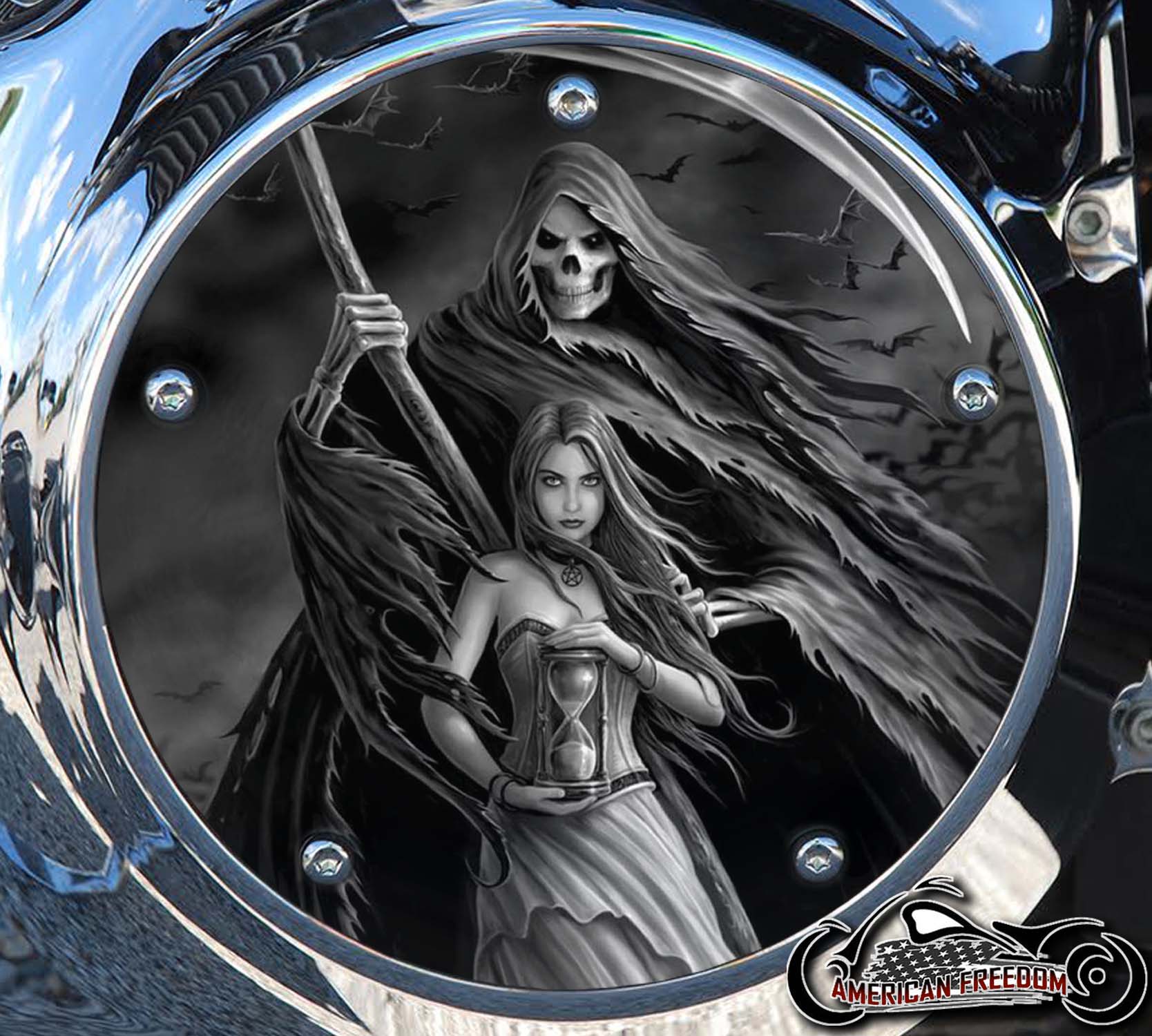 Custom Derby Cover - Reaper Girl and Hourglass (B&W)